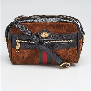 Gucci Brown Suede/Black Crinkle Patent Leather Mini Ophidia Crossbody Bag